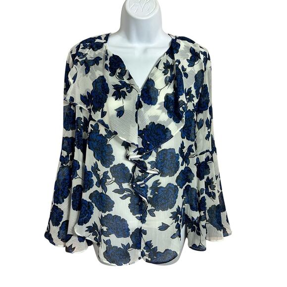 Curations Blue Floral Blouse Sz XS Bell Sleeve V-Neck Top Lined Layered Tank - Picture 6 of 8